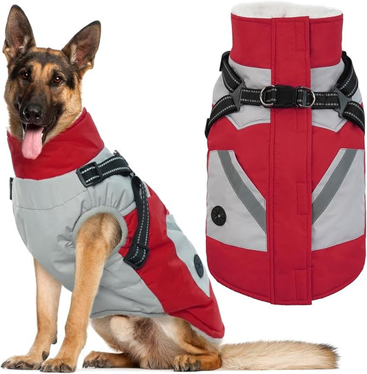 IECOii Dog Coat for Large Dogs Waterproof Dog Winter Jacket with Harness Built in, Red - XXLarge, Thermal Warm Fleece Lined, Reflective Dogs Jackets for Cold Weather Camping, Hiking, Pitbull