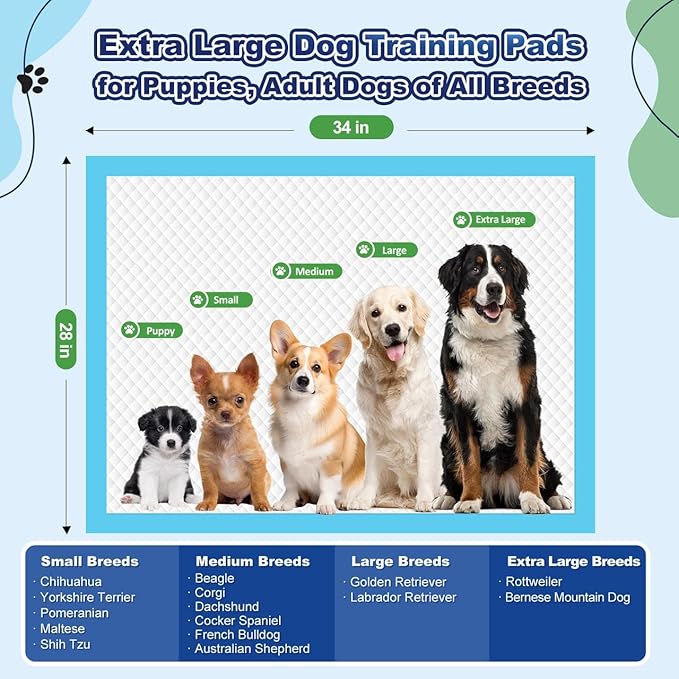 Puppy Pads XL 100 Count, Dog Pee Pads Extra Large, 34"x28" Pee Pads for Dogs, X-Large Disposable Dog Training Pads Super Absorbent&Leak-Proof, Quick-Dry Potty Piddle Pads for Doggy, Cats, Pet Supplies