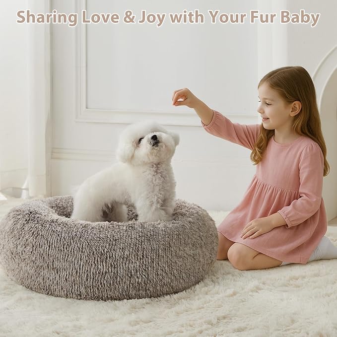 WNPETHOME Donut Dog Beds Large Sized Dog,Anti-Anxiety Caming Large Pet Bed,Fluffy Faux Fur Plush Puppy Bed，Warming Cozy Soft Round Bed for Pet, Cat Cuddler Cushion