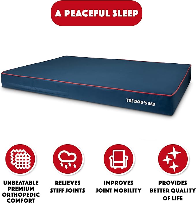 The Dog’s Bed Orthopedic Memory Foam Dog Bed, XXXL Blue/Red, Pain Relief for Arthritis, Hip & Elbow Dysplasia Post Surgery, Lameness, Supportive Calming, Waterproof Washable Cover, Veterinary Approved