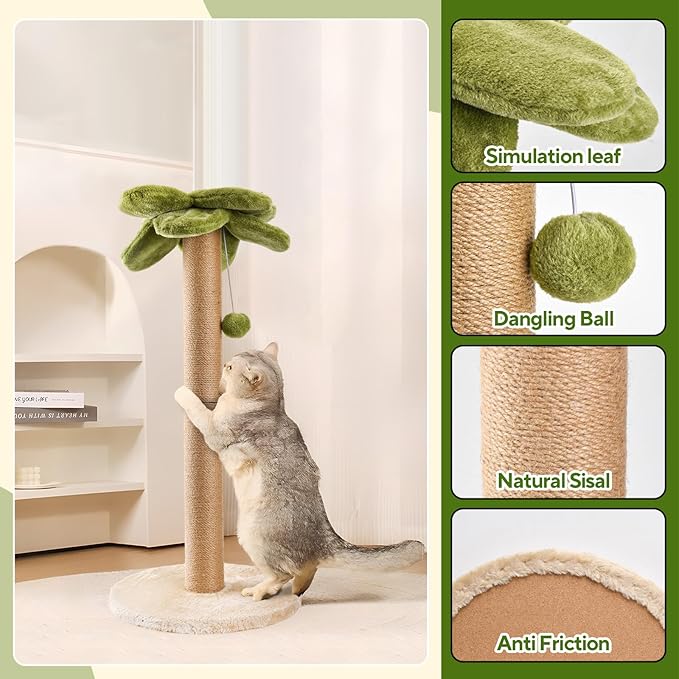 Cat Scratching Post Palm Tree Shape, Sturdy 34 inches Tall Sisal Scratch Post with Interactive Dangling Ball, Cute Cat Scratcher for Indoor Cats