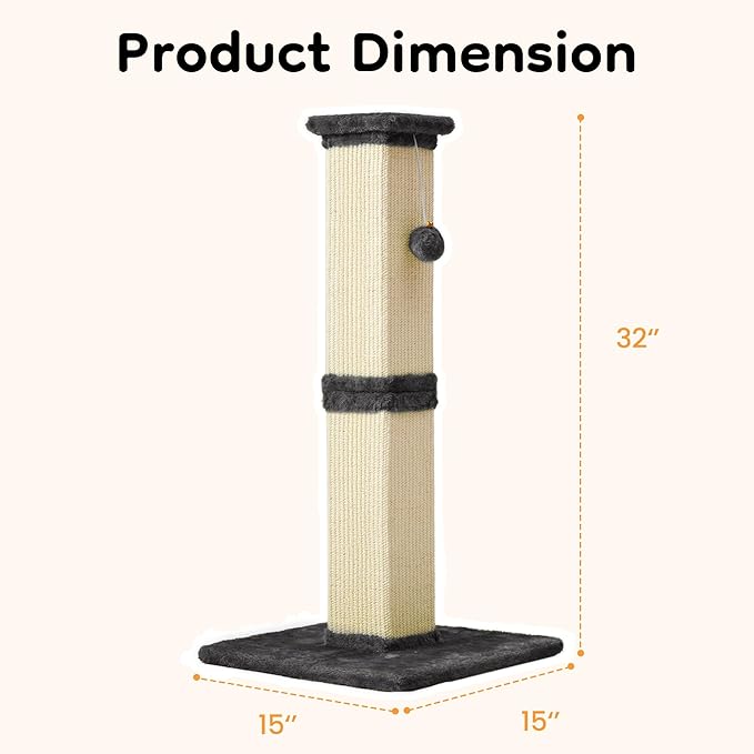 Indoor Cat Scratching Post: 32 in Tall Cat Scratcher with Natural Sisal Rope, Kitty Pet Tower with Sturdy Wood Base and Hanging Ball Toy, Great Gift for Small and Large Kittens, Dark Grey