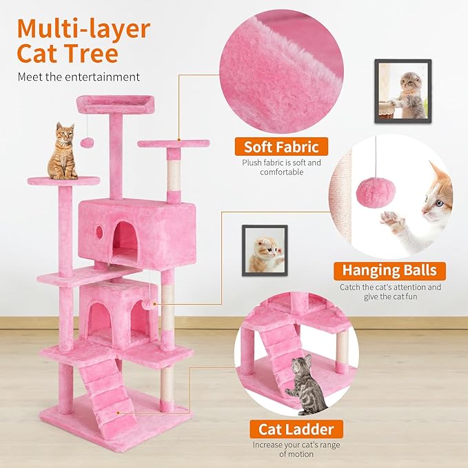 PayLessHere Cat Tree 54in Cat Tower with Cat Scratching Post, Multi-Level Cat Condo Stand House Furniture Kitty Activity Center with Furry Ball Toys for Indoor Cats (Pink)