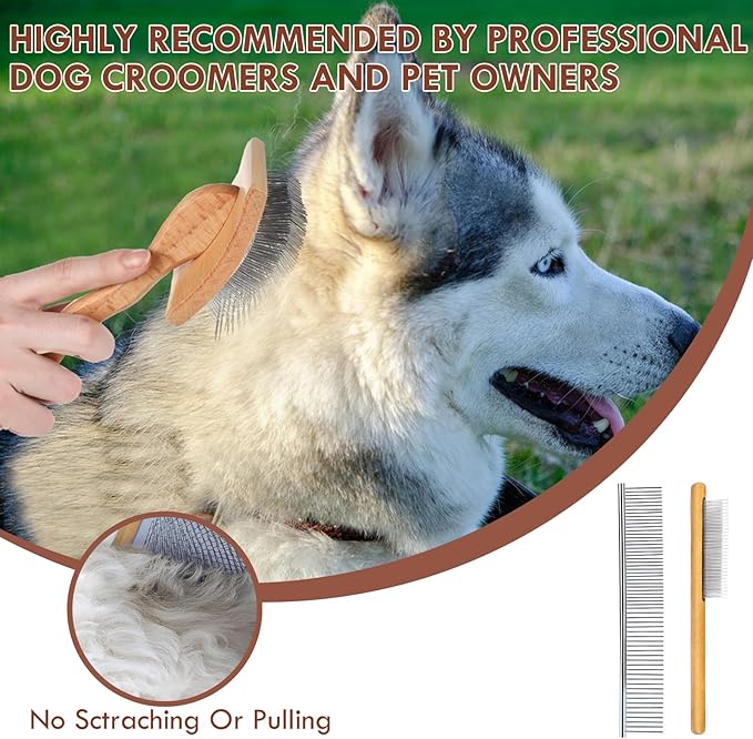 Large Dog Slicker Brush for Shedding & Curly Coat, Long Hair Dogs & Cats, Doodles, Poodles & Goldendoodles, Long Pin Grooming Brush with Wooden Handle, 3 Pcs Comb Set for Mats Tangles Wood