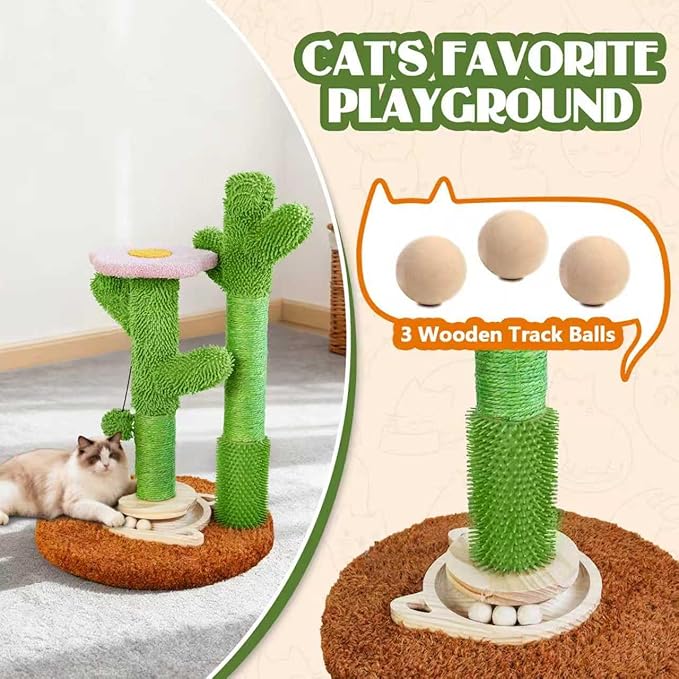 2025 New DIY 9+ Installation Styles Cactus Cat Scratching Post with Self-Grooming Brush and Ball Toy | Modular Sisal Cat Scratching Post for Indoor Cats and Kittens, Customizable Cat Furniture