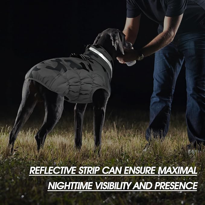 FUAMEY Dog Coat for Large Dogs,Waterproof Dog Winter Jacket with Harness Built in Puppy Cold Weather Coats Reflective Pet Vest with Zipper Warm Fleece Dogs Snowsuit Windproof Grey Camo L