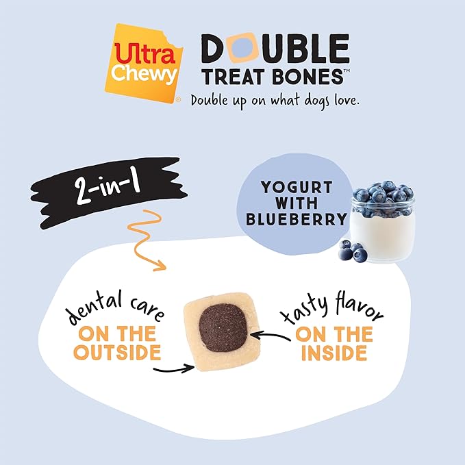 Ultra Chewy 3 Flavor Yogurt Double Treat Bones: Strawberry, Blueberry and Banana, Long-Lasting Dog Treats Made in USA for Large and Small Breeds, Highly Digestible (12 Count)