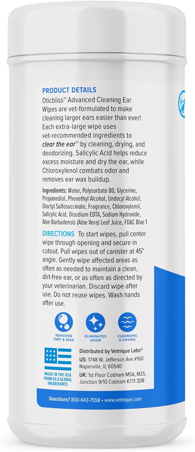 Vetnique Oticbliss Cat & Dog Ear Wipes - Dog Ear Infection Treatment or Dog Ear Cleaner Wipes for Dirty, Waxy, Smelly Dog Ears, Odor Control with Aloe Vera & Salicylic Acid (X-Lg Ear Cleaning Wipes)