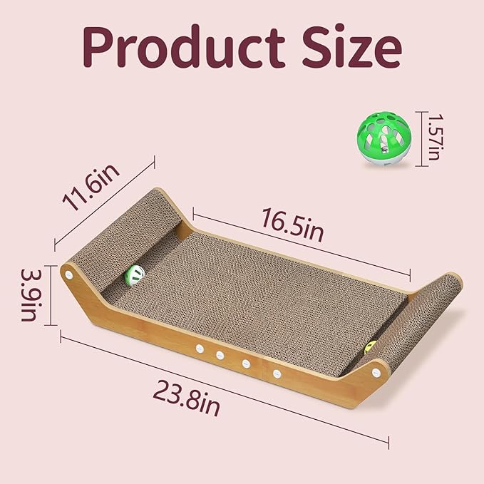 Modern Cat Scratcher Pad Cardboard for Indoor, 23.8" Scratching Lounger Board with Ball Track for Kittens & Large Cats, 3 in 1 Floor Horizontal Bed for Furniture Protection