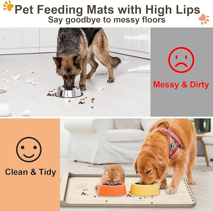 Silicone Dog Feeding Mat - 36" x 24" Large Pet Mat with Residue Collection Pocket and High Edges - Waterproof Mat for Dog and Cat Bowls