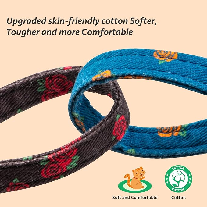 2 Pack Cotton Breakaway Cat Collar Blue and Black Rose Pendant Cute Kitten Cat Collar with Bell