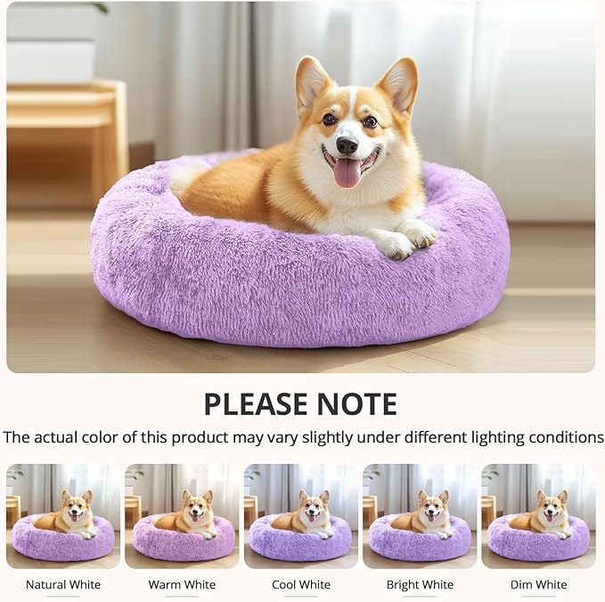 JOLLYVOGUE Calming Dog Bed for Small Dogs - 23 inches Donut Washable Small Dog Bed for Kittens & Puppies, Anti-Slip Round Fluffy Plush Faux Fur Cat Beds (Fits up to 25 lbs Pets, Purple)