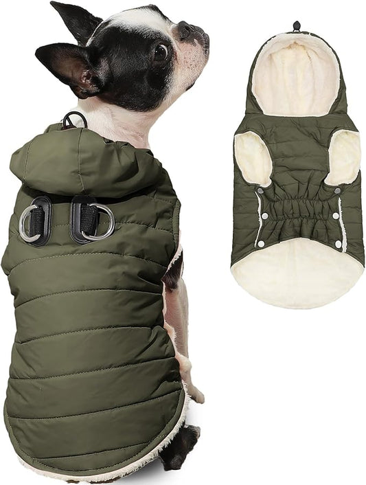 Fleece Lining Dog Hoodie with Harness Built in,Extra Warm Medium Dog Jacket in Winter Doggie Coats with Drawstring Hooded,Green L