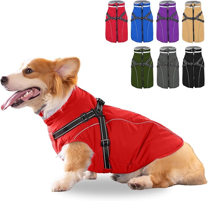 Fragralley Dog Coat with Harness Built in, Waterproof Windproof Reflective Warm Puffer Jacket, Fleece Lined Vest Winter Parka for Small, Medium, Large Dogs