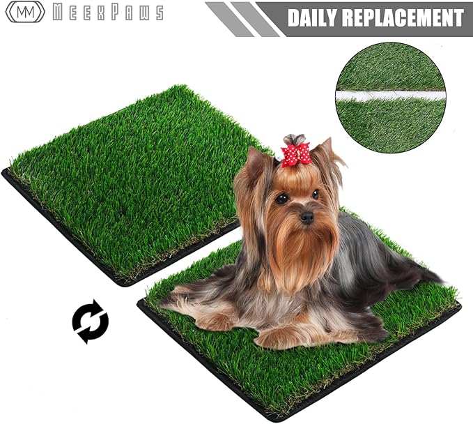 MEEXPAWS Dog Grass Pee Pads for Dogs with Tray | Extra Small 17 x 13 in for Puppy Less Than 6 lbs | 2× Artificial Grass Pads Replacement | Rapid Drainage | Indoor Dog Litter Box | Hemmed Edge