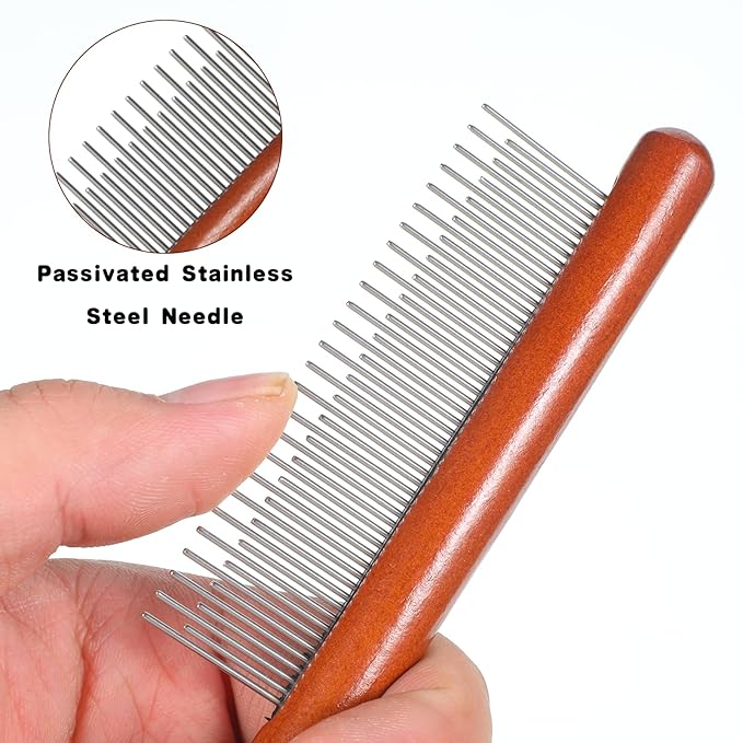 Cat Comb, Rabbit Dog Hair Brush Flea Lice Comb Deshedding Brush with Wood Handle, Fine Wide Teeth Remove Tangles, Shedding Fur Fleas Grooming Tool for Long Short Haired Cats Dogs Puppy Rabbits