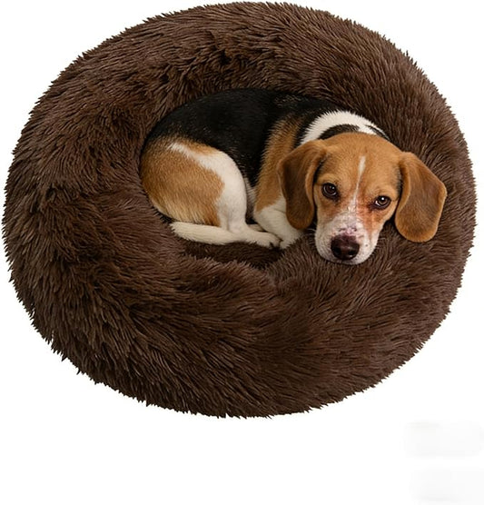 Calming Donut Dog Beds for Small Dogs Cats - Washable Removable Cover Non-Slip Bottom, Round Pet Bed Puppy Bed Warming Fluffy Faux Fur Anti-Anxiety, Fits up to 25 lbs (Coffee, 23")