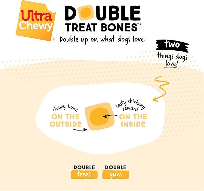 Ultra Chewy Double Treat Bones: Long-Lasting Treats Made in USA for Large and Small Breeds, Highly Digestible, for Aggressive Chewers (Bacon Cheese and Chicken Flavor, 2 Packs)