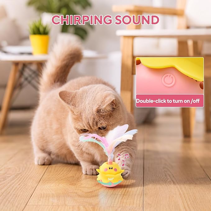 Interactive Automatic Cat Feather Toy, Rotating with LED Light, Rechargeable Electronic Chirping Toys for Indoor Cats, Yellow