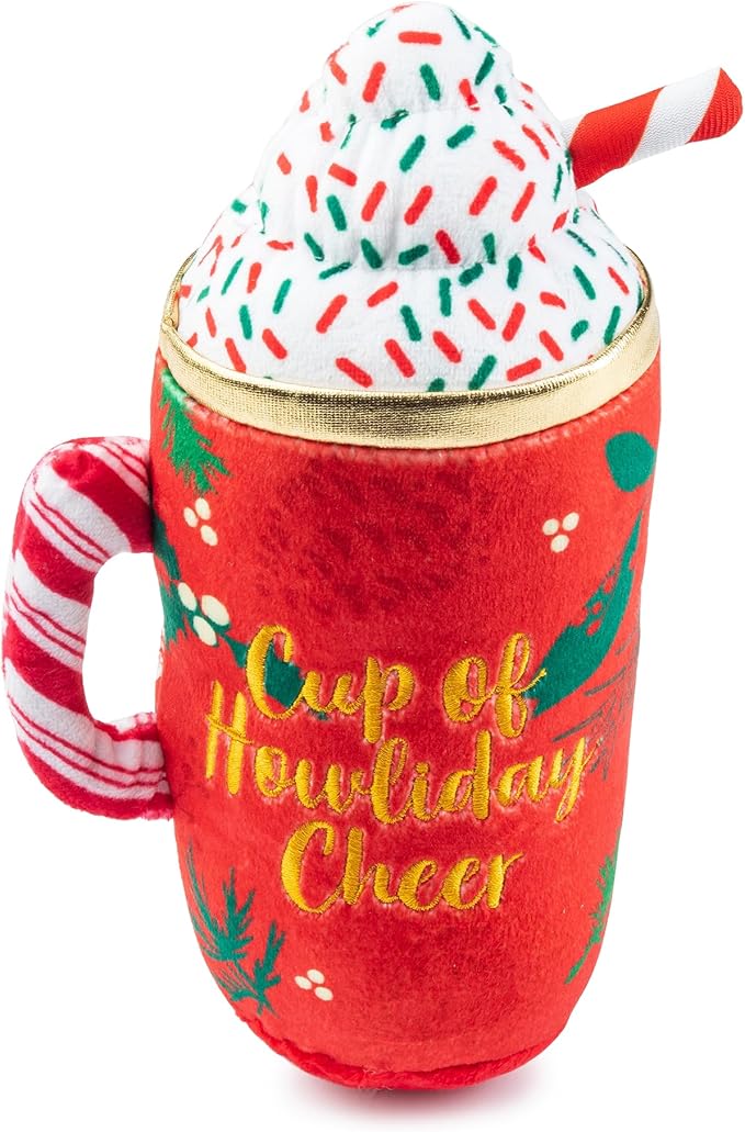 Haute Diggity Dog Howliday Cheer Mug Plush Dog Toy for Small, Medium & Large Dogs, Interactive Funny Holiday Squeaky Toys, Soft, Durable, Machine-Washable, Safe & Cute Birthday Gift for Dogs, One Size