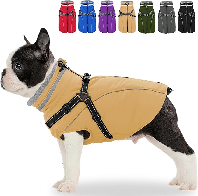 Fragralley Dog Coat with Harness Built in, Waterproof Windproof Reflective Warm Puffer Jacket, Fleece Lined Vest Winter Parka for Small, Medium, Large Dogs