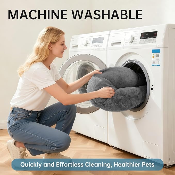 OhGeni 24 inches Calming Donut Dog & Cat Bed for Small Pets, Warming Comfort Fluffy Short Pile Fur, Durable Machine Washable Round Bed, Cute Round Bed for Puppy and Kitten, Dark Gray