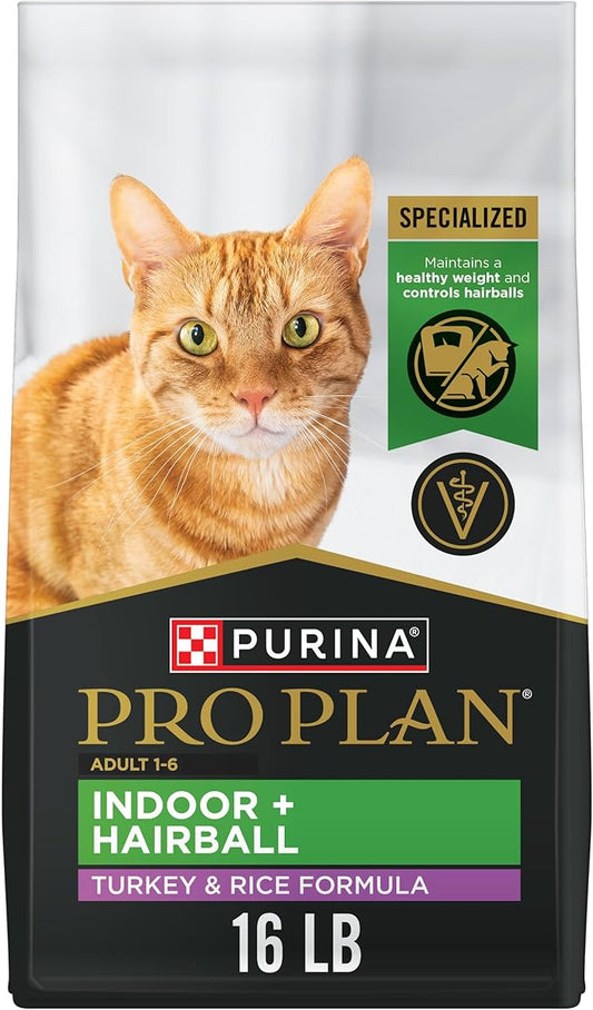Purina Pro Plan Hairball Management, Indoor Cat Food, Turkey and Rice Formula - 16 lb. Bag