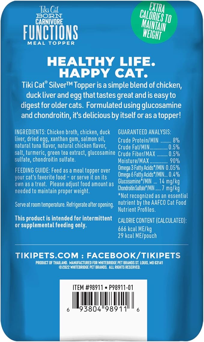 Tiki Cat Born Carnivore Functions Silver, Chicken & Duck Liver Recipe in Broth, High Protein Formulated for Senior Cat Diets, Mousse Cat Food Topper for Older Cats 11+, 1.5 oz. Pouch (12 Count)