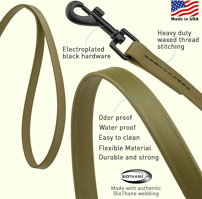 Dogline Biothane Waterproof Dog Leash Strong Coated Nylon Webbing with Black Hardware Odor-Proof Easy to Clean High Performance for Small or Large Dogs Made in USA 2 ft Lead, Olive Drab Green