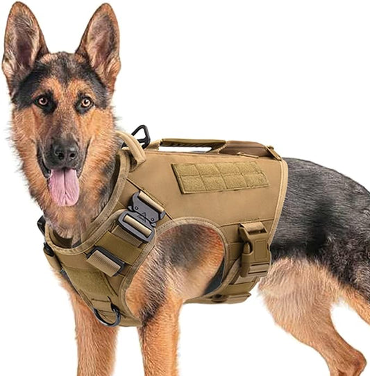 Tactical Dog Backpack Harness for Large Breed Original Design Metal Buckle Vest with Side Bags Pouches for Service Working Training (Khaki (Vest only), L)