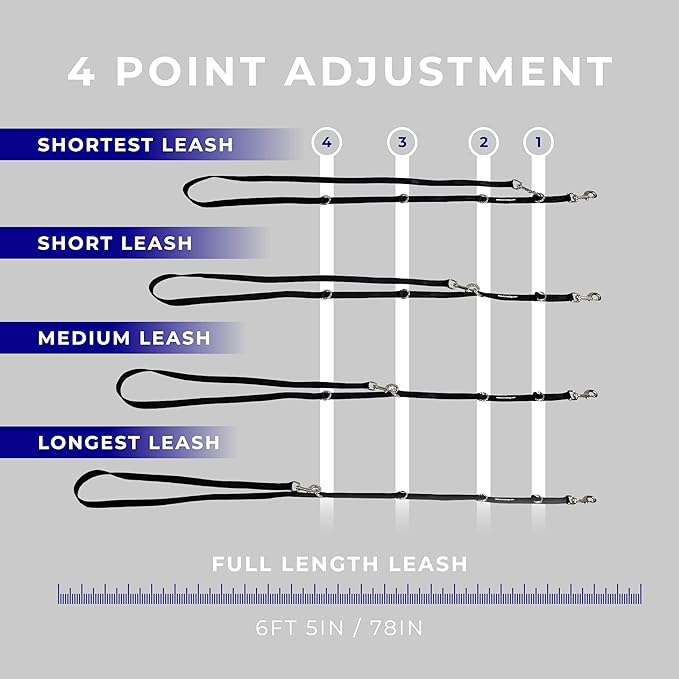 ActiveDogs Hands Free Dog Leash – Adjustable 4-Point Crossbody Hands Free Leash for Mobility & Training – Waist Belt for Dog Walking - Durable 3/4" Double-Stitched Nylon, Black, 6.5ft