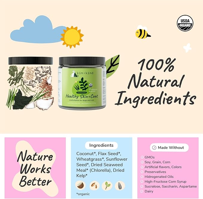 kin+kind Skin and Coat Supplement for Dogs & Cats – Natural Vitamin Supplements with Organic Ingredients for Shiny Fur, Moisturized Skin & Overall Pet Wellness – Dog Essentials & Cat Essentials 3x4 oz