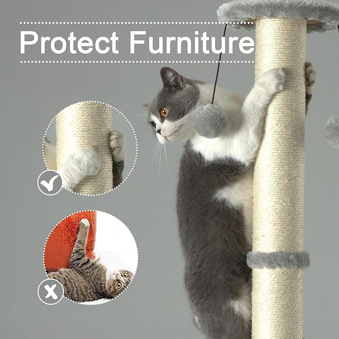 PEEKAB 32" Tall Cat Scratching Post Sisal Scratch Posts with Hanging Ball and Self-Massage Brush Vertical Scratcher for Indoor Cats and Kittens Light-Gray 32inches