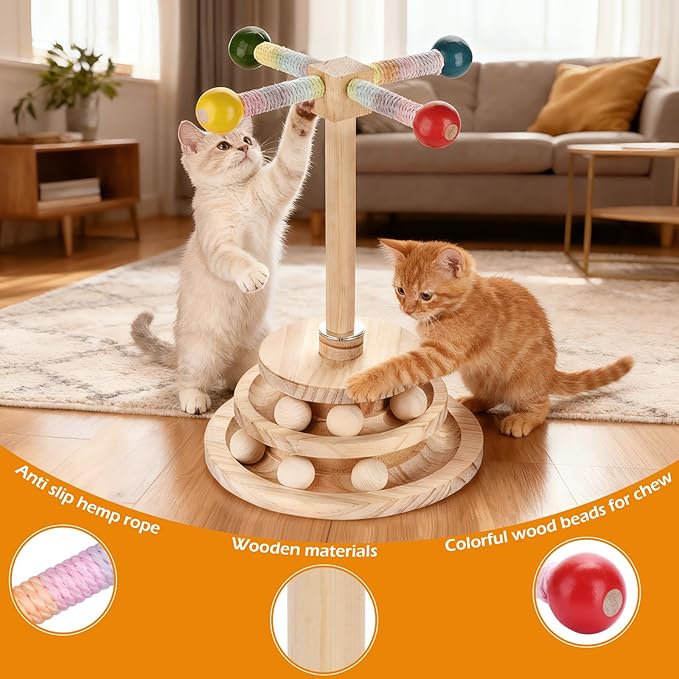 2-in-1 Wooden cat Toy, Interactive Multi-Layer Ball Track and Rotating cat Teaser Stick - Durable Natural Wood Made Puzzle Sports Toy for Kittens