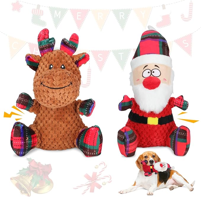 Christmas Dog Toys,2 Packs of Cute Santa Claus and Reindeer Shapes,Squeaky Plush Interactive Chew Pet Toys,Gifts for Small Medium and Large Dogs