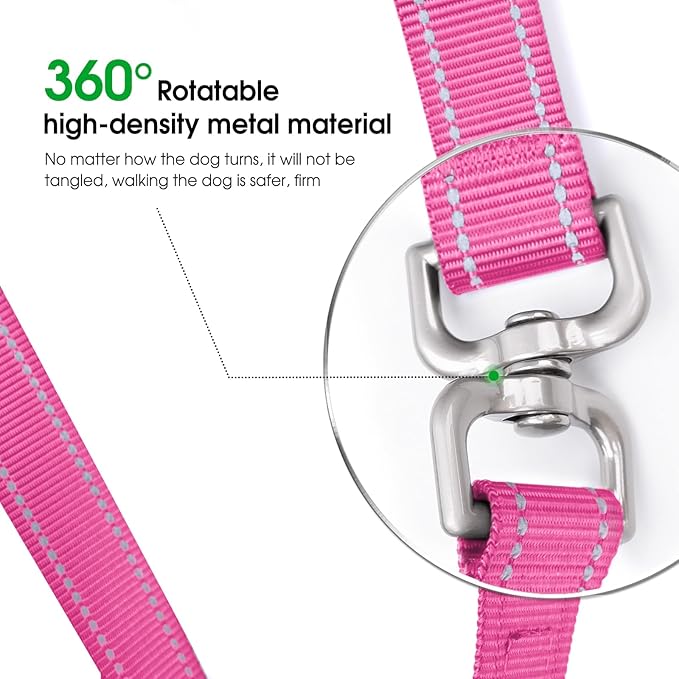 Hands-Free Dog Leash, Heavy Duty No-Pull Training Lead w/Anti-Tangle, Double Padded Traffic Handles Adjustable 5-5.6FT & Reflective Thread for Medium Large Dogs for Running/Walking Pink