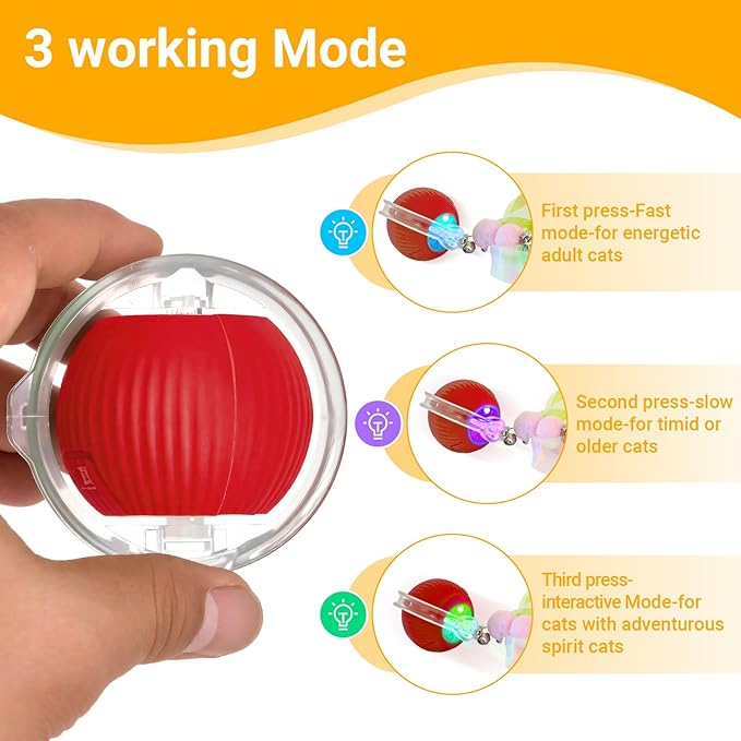 Interactive Cat Toy Ball, Automatic Cat Toys for Indoor Cats, Motion Activated Kitten Toys with 2 Replacement Tails, USB Rechargeable, Moving Cat Toys for Enrichment Exercise (Red)