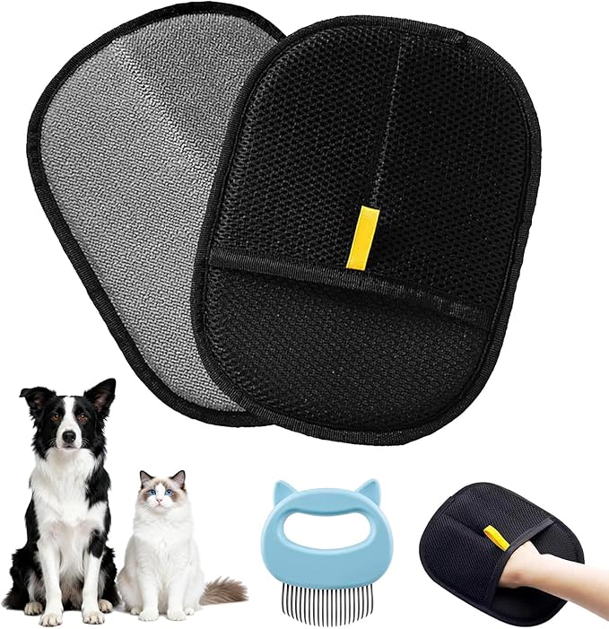2 Pcs Black Double Sided Pet Hair Removal Gloves, Electrostatic Magic Brush Pet Hair Remover and Grooming Tool with Shell Comb for Dogs & Cats, Sofa, Bed, Car and Furniture