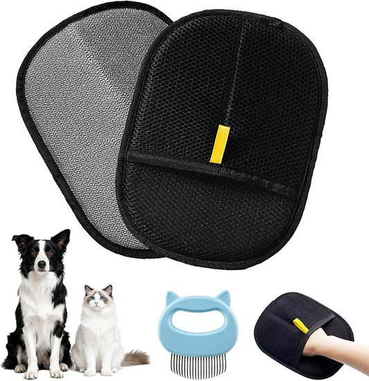 2 Pcs Black Double Sided Pet Hair Removal Gloves, Electrostatic Magic Brush Pet Hair Remover and Grooming Tool with Shell Comb for Dogs & Cats, Sofa, Bed, Car and Furniture