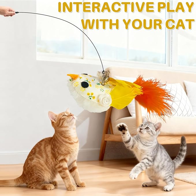 Walfront Interactive Cat Toy, Cat Teaser Wand with Double-Head Suction Base and 2 Realistic Bird Attachments for Indoor Self-Play and Exercise for Kittens and Adult Cats, Keeping Cats Playful & Happy