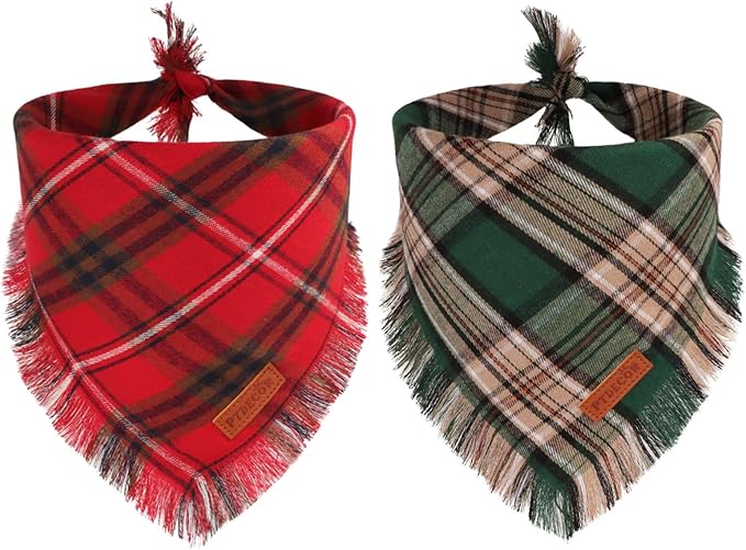 PTDECOR Christmas Dog Bandanas with Tassels Edges, Stylish Red Green Plaid Scarf Bib, Multiple Size, Reversible Triangle Christmas Bandanas for Medium Large Dogs Pets (Large)