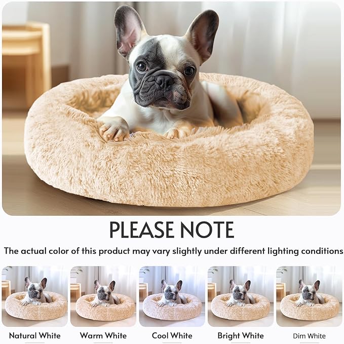 JOLLYVOGUE Calming Small Dog & Cat Bed for Indoor Cats - 20 inches Washable Donut Bed for Kittens & Puppies, Anti-Anxiety Round Fluffy Plush Pet Beds (Fits up to 15 lbs, Off White)