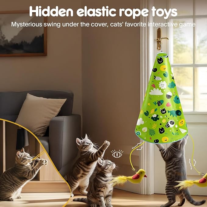 Interactive Cat Toys for Indoor Cats: 2 in 1 Automatic Hide and Seek Flying Bird Feather Wand Chirping Toy, Door Knob Moving Mouse Hunting Toys, Rechargeable Toys for Bored Kitten Adult Cats (Green)