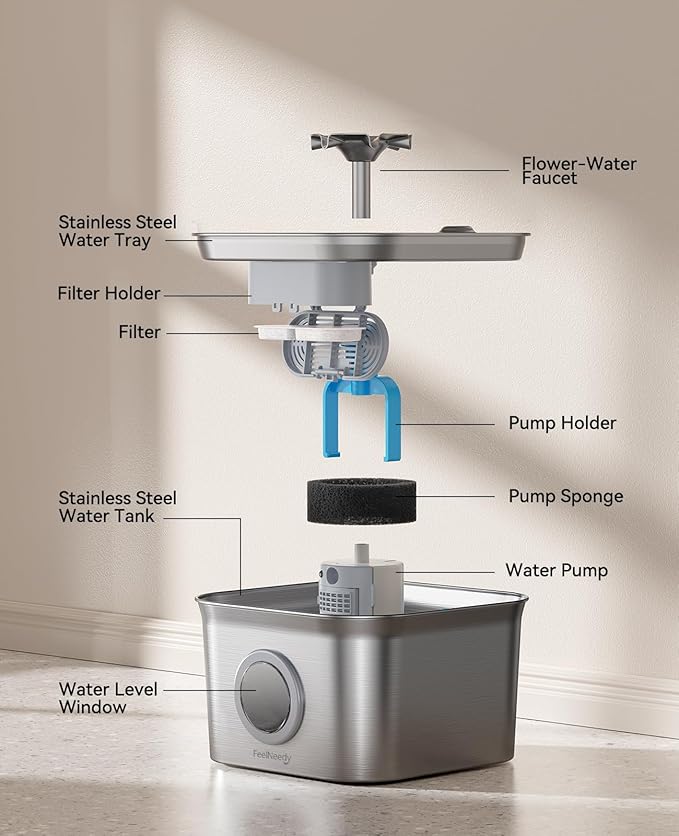 Stainless Steel Cat Water Fountain for Drinking with 3 Filters, 2.8L Auto Pet Drinking Fountain for Cats with 20dB Ultra-Quiet Pump, 24/7 Circulation Filtration LED Water Level Window Dishwasher Safe