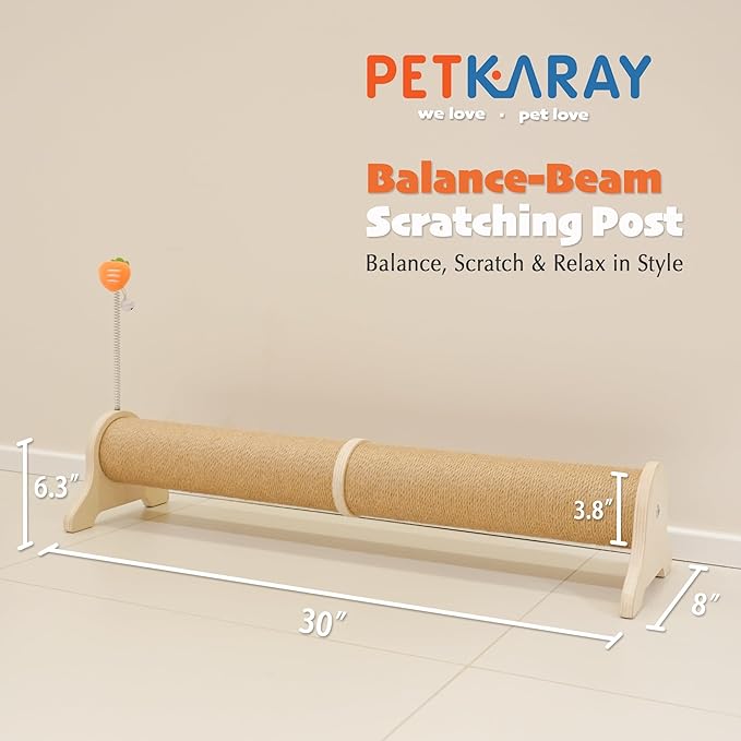 PETKARAY Horizontal Scratching Post, 30" Sisal Cat Scratch Post, Large Cat Scratcher with Spring Toy, Protect Furniture for Indoor Kitten