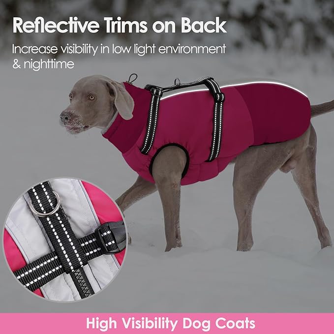 AOFITEE Dog Coats for Large Dogs, Waterproof Dog Winter Jacket with Harness Built in, Warm Large Dogs Coat with Fleece Lined, Zip Up Pets Jackets for Golden Retriever, Weimaraner, Hot Pink 2XL