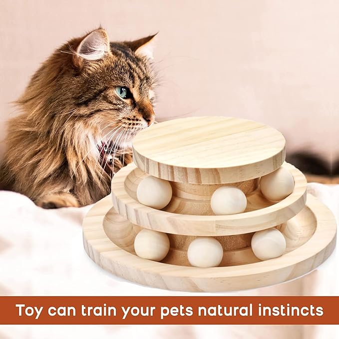 Cat Ball Track Toy, Double-Layer Tower cat Toy Roller, Interactive Wooden cat Toy - no Card Ball, Anti Slip, no Assembly Required, Ideal Choice for Physical and Mental Exercise of Kittens