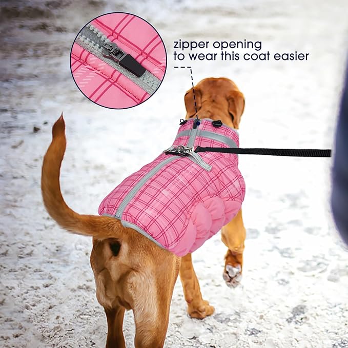 FUAMEY Dog Coat for Large Dogs,Waterproof Dog Winter Jacket with Harness Built in Puppy Cold Weather Coats Reflective Pet Vest with Zipper Warm Fleece Dogs Snowsuit Windproof Rose Plaid 2XL