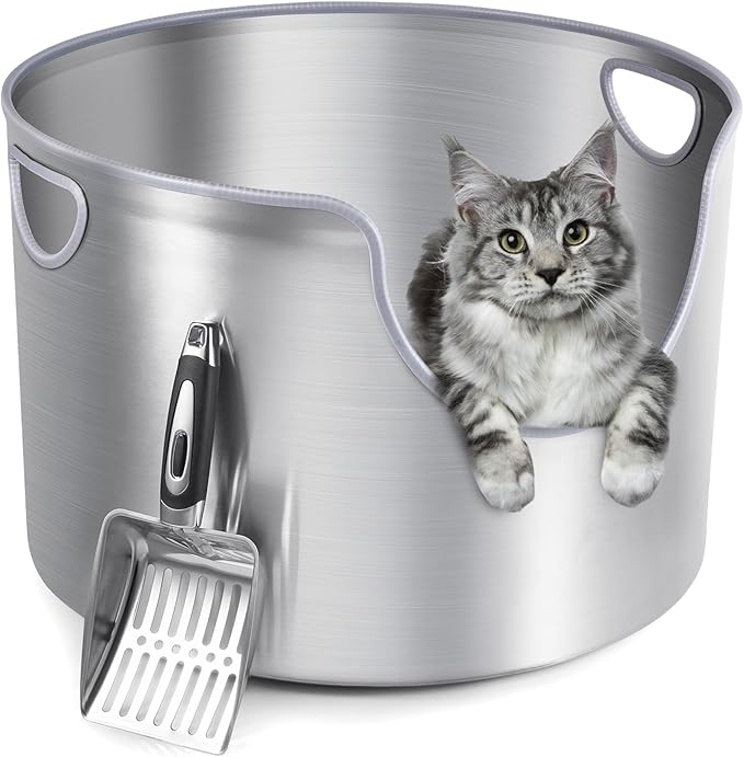Stainless Steel Litter Box, Metal Litter Box, Integrated Round, XL 12'' High Side, Odor Control, Easy to Clean, Durable, Includes Scoop for Big Cats & Multi-Cat Households