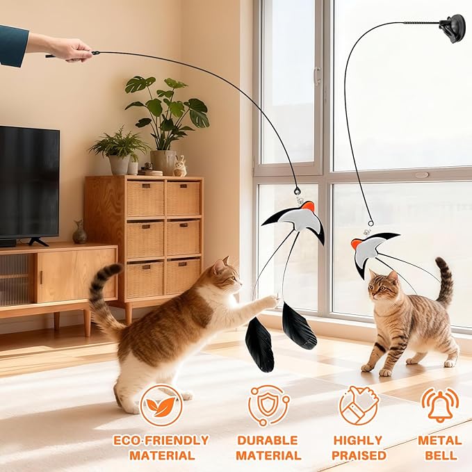 Walfront Interactive Cat Toy, Swallow Bird Cat Wand, Double-Head Suction Base, 2 Realistic Bird Attachments, for Indoor Cats, Kittens and Adult Cats, Self-Play Exercise, Active & Happy